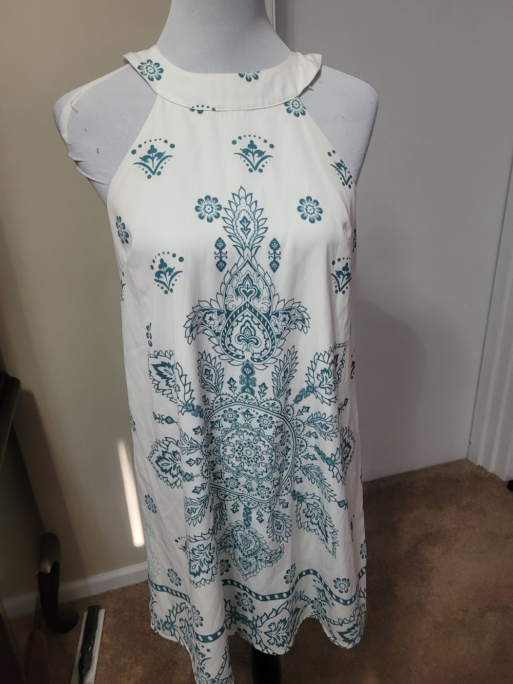 Filly Flair White Halter Dress with Teal Paisley Motif